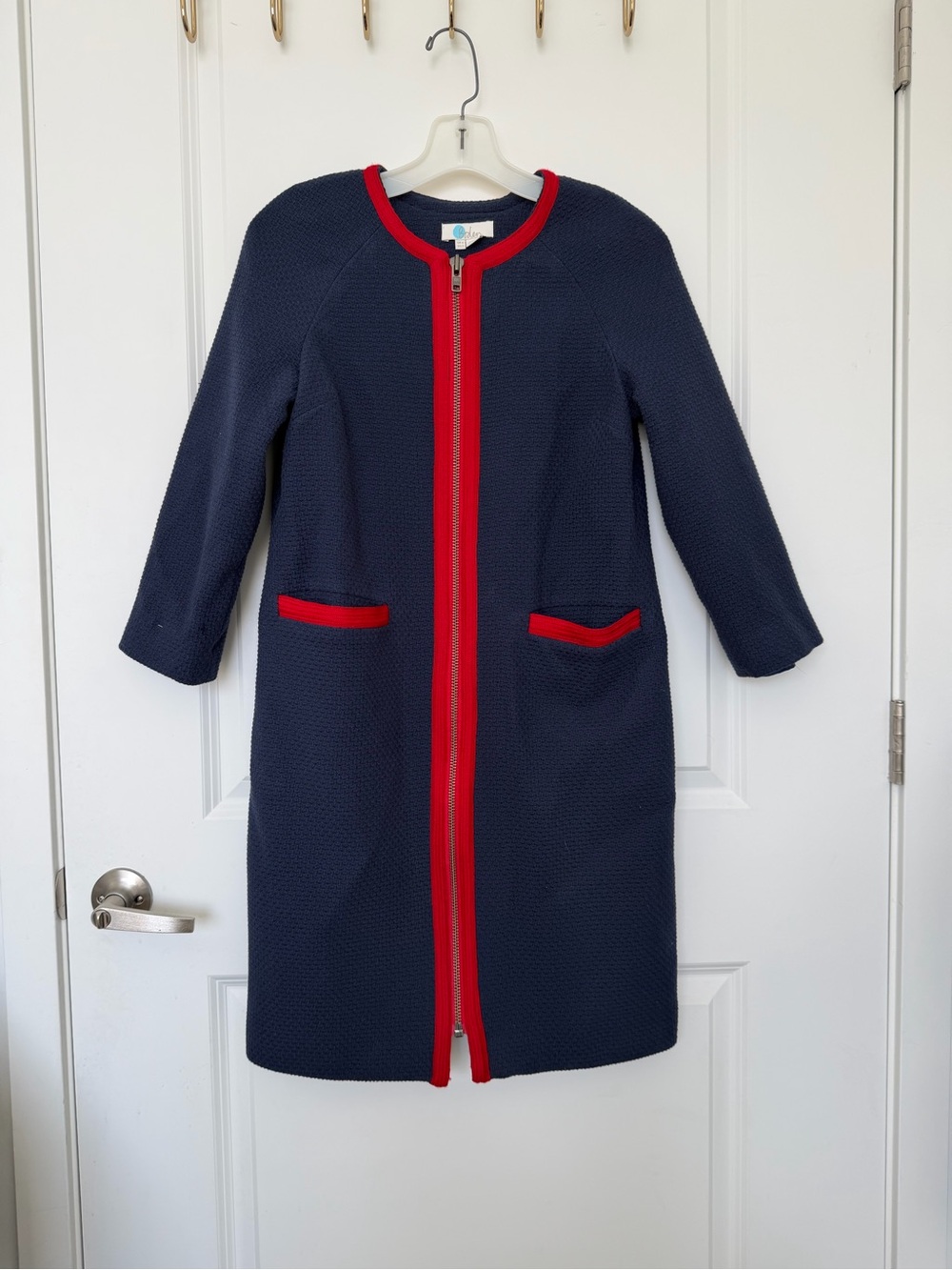 Boden Eadie Textured Coat Navy Red Trim Zip Front US 2 UK 6 Womens Lined - Picture 2 of 7